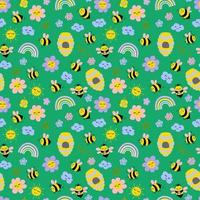 Seamless pattern with cute hand drawn bees, bee, flowers. Design for fabric, textile, wallpaper, packaging, for children. vector