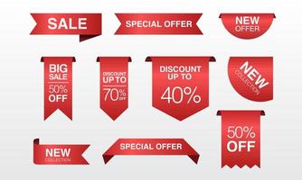 Vector illustration of red ribbon promotion label collection. Suitable for e commerce discount badge, new offer banner, and discount sticker element.