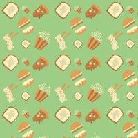 diseño de patrones dibujados a mano plana de comida rápida con elementos como hamburguesa, porción de pizza, palomitas de maíz, fideos y tostadas para paquetes de productos alimenticios o proyectos de fondo vector