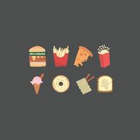 hand drawn fast food illustrations icon set vector design with elements like cheese burger, french fry, pizza slice, popcorn, cone ice cream, donut, noodles, butter toast for restaurant projects