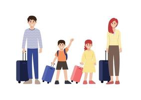 Father, mother, son and daughter with luggages, family travel, vector illustration