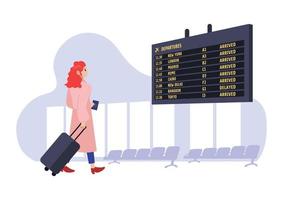 Woman with luggage looking at departed board at airport, vector illustration