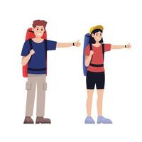 Backpacker, male and female traveler carrying a travel backpack thumbs up for hitchhiking, vector illustration
