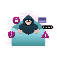 Hacker in envelope, spam, mail phishing, vector illustration