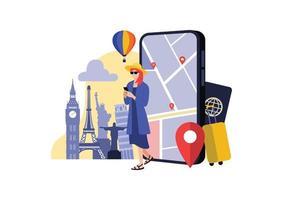 Woman using phone with phone screen and popular attractions in the background, concept image of a navigation application for travel, vector illustration