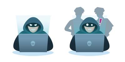 hacker usa laptop con policía detrás de él, ilustración vectorial vector