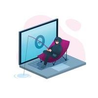 Hacker fishing and sit on sling chair, cyber crime and phishing scam concept, vector illustration