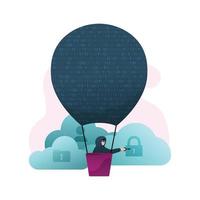 Hacker on balloon try to unlock cloud storage, cloud data stealing, vector illustration