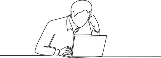 Single one line drawing Stressed employees in front of laptops because he thinking tasks. holding head. Continuous line draw design graphic vector illustration.