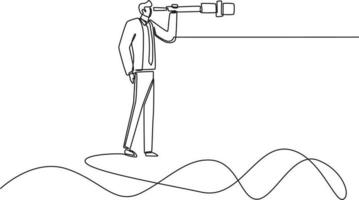 Continuous one line drawing a manager holding telescope or binocular to search for business visionary. Leadership vision to see company strategy. Single line draw design vector graphic illustration.