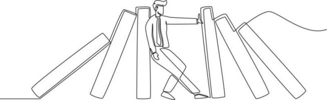 Continuous one line drawing businessman use his back to stop domino fall and hand to stop others. Risk management. Single line draw design vector graphic illustration.