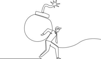 Continuous one line drawing  businessman with big explosion bomb on shoulder. Risk and Business. Single line draw design vector graphic illustration.