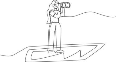 Continuous one line drawing young smart business woman with binoculars analyzing business situation. Single line draw design vector graphic illustration.