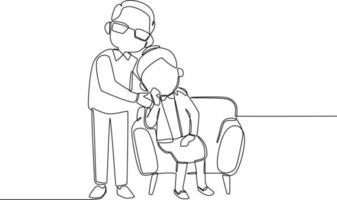 Single one line drawing is grandma   sitting on the sofa and grandpa giving support to grandma with love. Grandparents day. Continuous line draw design graphic vector illustration.