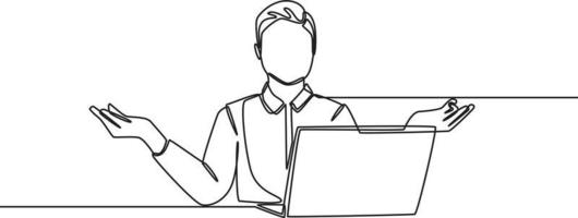 Single one line drawing happy employees in front of laptops because his tasks done. Continuous line draw design graphic vector illustration.