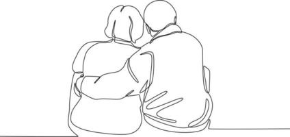 Single one line drawing is grandparents looking back sitting relaxed. Grandparents day. Continuous line draw design graphic vector illustration.