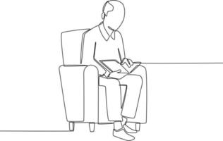 Single one line drawing is grandfather is reading a book on the sofa. Grandparents day. Continuous line draw design graphic vector illustration.