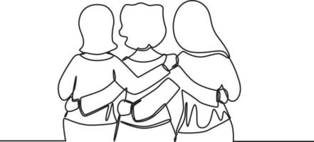 One continuous line drawing of group of women standing together showing their friendship. Friendship day. Single line draw design vector graphic illustration.