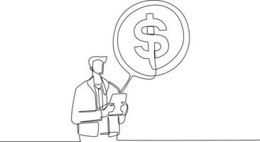Continuous line drawing of businessman looking at payment records for his office. Finance and Investment. Single line draw design vector graphic illustration.