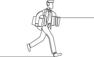 Single one line drawing Employees with workloads in their hands run to the office so they won't be late. Continuous line draw design graphic vector illustration.