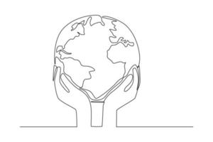 Single one line drawing the globe in the hands of the population. World population day. Continuous line draw design graphic vector illustration.