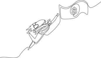 Continuous line drawing of businessman with rocket flying with money. Finance and Investment. Single line draw design vector graphic illustration.