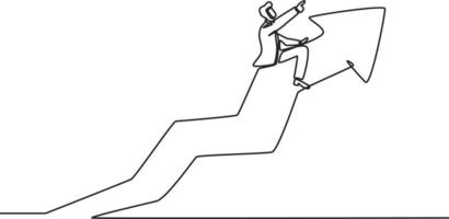 Single one line drawing of young businessman riding on arrow to reach target. Success business growth strategy minimal concept. Modern continuous line draw design graphic vector illustration.