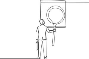 Continuous one line drawing business man with suitcase and magnifying glass in hand searching job on paper. Single line draw design vector graphic illustration.