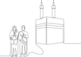 Continuous one line drawing Hajj pilgrims greeting in front of Kaaba. Hajj and umrah concept. Single line draw design vector graphic illustration.