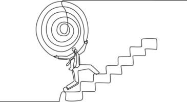 Single continuous line drawing of young entrepreneur pick up the bullseye and walk up the stairs to goals. one line draw graphic design vector illustration.