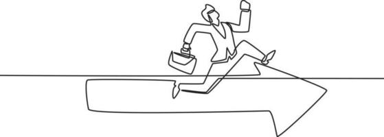 Single one line drawing of young businessman with suitcase running on the arrow. Success business growth strategy minimal concept. Modern continuous line draw design graphic vector illustration.