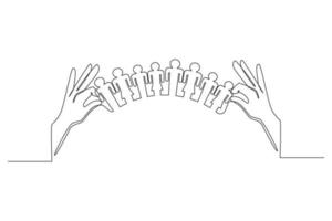 Single one line drawing hands holding paper families. World population day. Continuous line draw design graphic vector illustration.