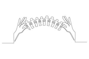 Single one line drawing hands holding paper families. World population day. Continuous line draw design graphic vector illustration.