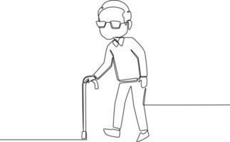 Single one line drawing grandfather with stick walking to park. Grandparents day. Continuous line draw design graphic vector illustration.