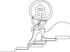 Continuous line drawing of businessman with gold coins on his head walking up stairs  to achieve financial goal. Finance and Investment. Single line draw design vector graphic illustration.