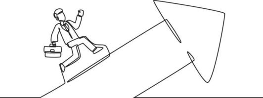 Single one line drawing of young businessman with suitcase running up on the arrow. Success business growth strategy minimal concept. Modern continuous line draw design graphic vector illustration.