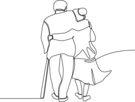 Single one line drawing is Grandma supports Grandpa walking with cane. Grandparents day. Continuous line draw design graphic vector illustration.