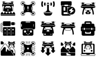 Set of Vector Icons Related to Drones. Contains such Icons as Agriculture , Antenna, Battery, Camera Drone, Drone, High Tech and more.