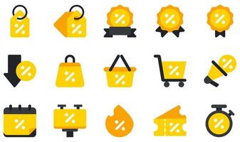 Set of Vector Icons Related to Discount. Contains such Icons as Tag, Discount, Promotion, Basket, Shopping, Hot Sale and more.