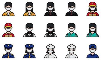 conjunto de iconos vectoriales relacionados con avatares con máscaras médicas. contiene íconos como recepción, hombre de negocios, repartidor, cantinero, médico, policía y más. vector