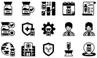 conjunto de iconos vectoriales relacionados con la vacuna. contiene íconos como ampolla, aprobación, certificado, desarrollo, médico, hospital y más. vector