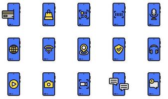 Set of Vector Icons Related to Mobile Functions. Contains such Icons as Online Payment, Phone Call, Qr Code, Settings, Transfer, Upload and more.