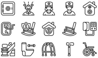 Set of Vector Icons Related to Nursing Home. Contains such Icons as Mental Health, Nurse, Nursing Home, Retirement, Rocking Chair, Stair and more.