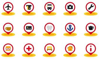 conjunto de iconos vectoriales relacionados con el marcador de posición. contiene íconos como aeropuerto, cajero automático, parada de autobús, café, dentista, educación y más. vector