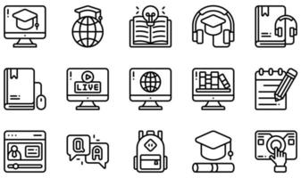 conjunto de iconos vectoriales relacionados con el aprendizaje en línea. contiene íconos como audiolibro, audiocurso, mochila, certificación, biblioteca digital, libro electrónico y más. vector