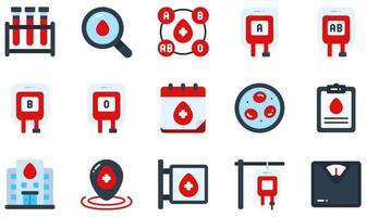 Set of Vector Icons Related to Blood Donation. Contains such Icons as Blood Test, Calendar, Erythrocytes, Health Report, Transfusion, Weight and more.