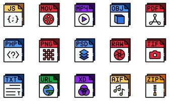 conjunto de iconos vectoriales relacionados con archivos. contiene íconos como archivo js, archivo mpphp, archivo pdf, archivo php, archivo png, archivo psd y más. vector