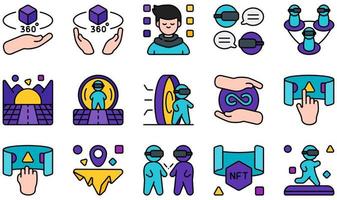 conjunto de iconos vectoriales relacionados con el metaverso. contiene íconos como comunidad, avatar, comunidad, ciberespacio, infinito, interacción y más. vector