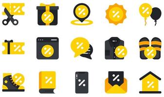 conjunto de iconos vectoriales relacionados con el descuento. contiene íconos como tijeras, regalo, venta de verano, burbuja de chat, descuento en línea, cupón de descuento y más.