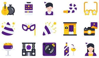 Set of Vector Icons Related to Party. Contains such Icons as Live Music, Party Blower, Party Hat, Party Mask, Photo Booth, Snack and more.